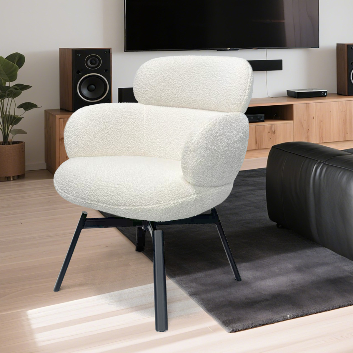 Modern White Bouclé/Teddy Fleece Fabric Swivel Lounge Chair na may Extra-Wide Seat at Metal Legs