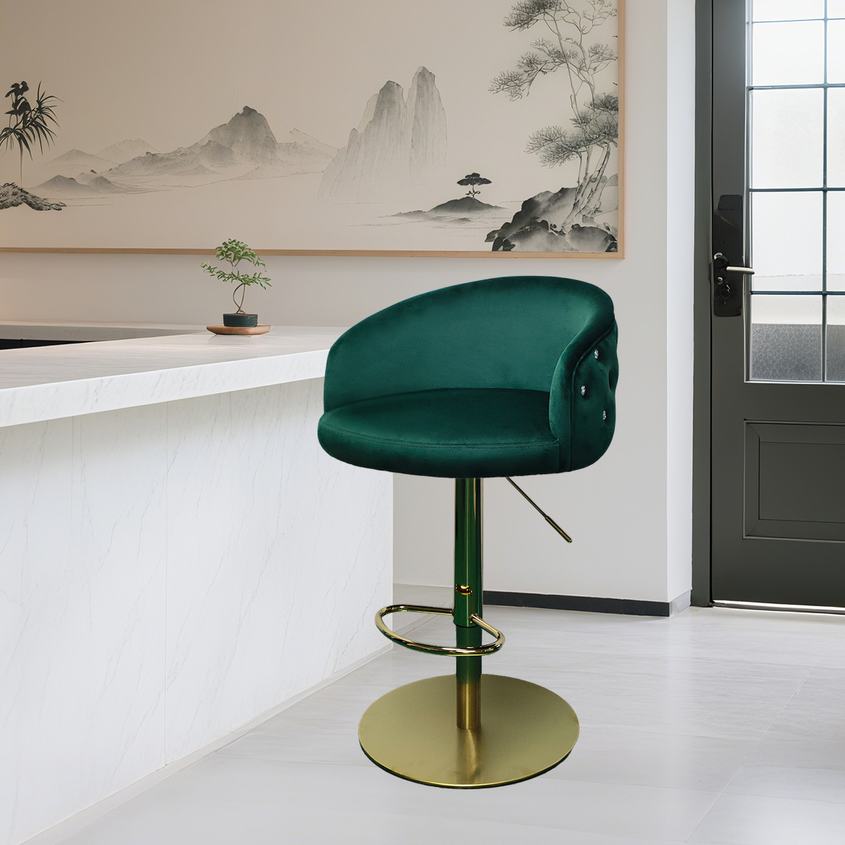 Modern Green Velvet Adjustable Bar Stool na may Tufted Backrest at Gold Base