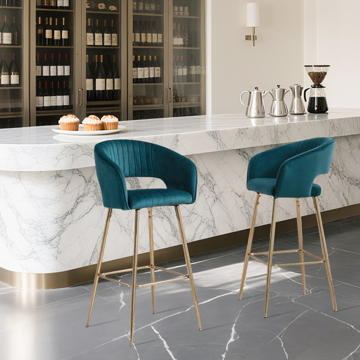 Mga modernong Teal Velvet Bar Stools na may Mga Gold Legs at Footrest, Tufted Upholstered Counter Chairs