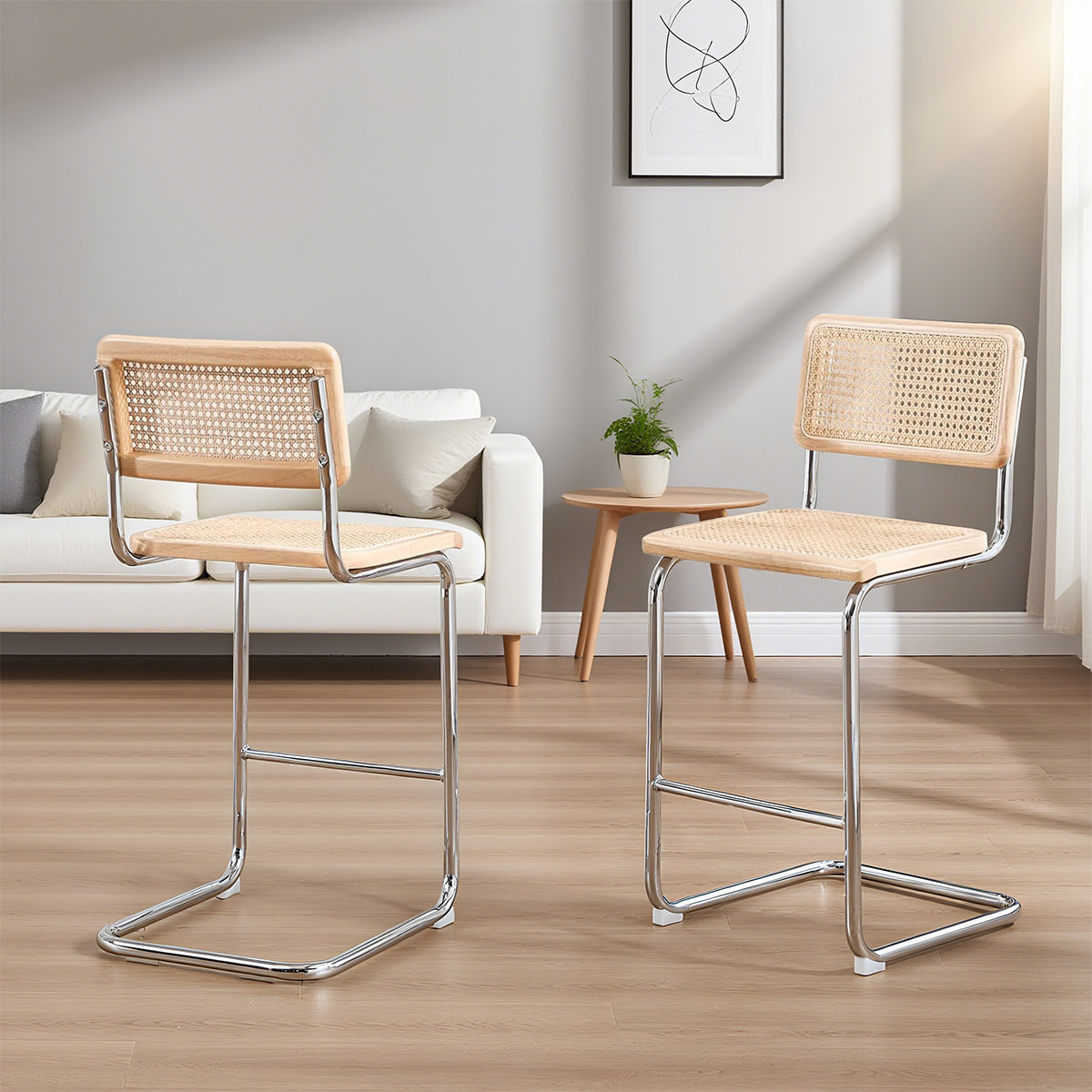 Kalagitnaan ng siglo modernong rattan cantilever counter stool-natural na baston pabalik at upuan na may chrome metal frame