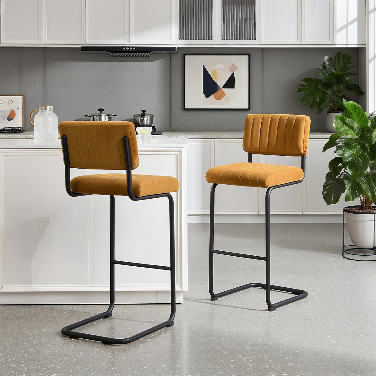 Kalagitnaan ng siglo modernong velvet cantilever bar stool-tufted upholstered seat na may backrest at matte black metal frame