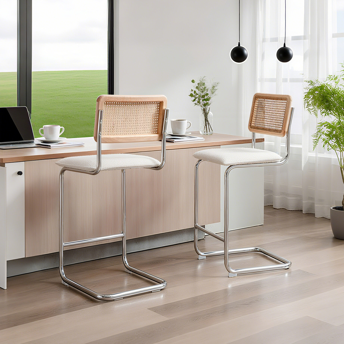 Rattan back boucle bar stool na may chrome cantilever base-kalagitnaan ng siglo modernong counter taas na upuan