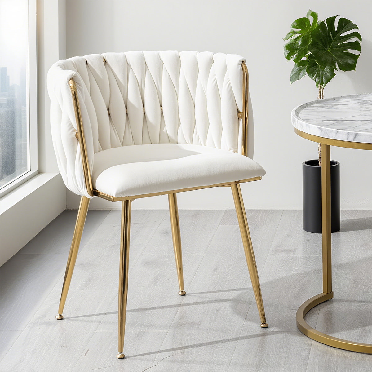Ivory Velvet Upholstered Dining Chair-Modern Woven Back Accent Chair na may Golden Metal Legs, Mid-Century Side Chair para sa Kainan, Living Room, Kusina, o Vanity