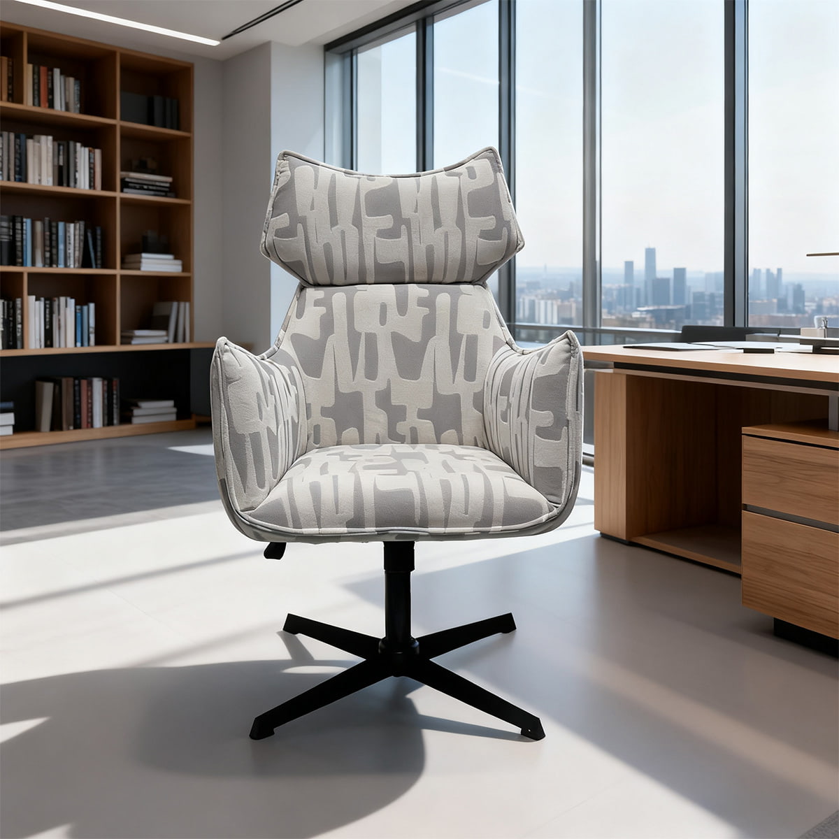Modern swivel accent armchair na may adjustable taas - upholstered tela lounge chair na may metal base at armrests para sa sala, opisina, o hotel