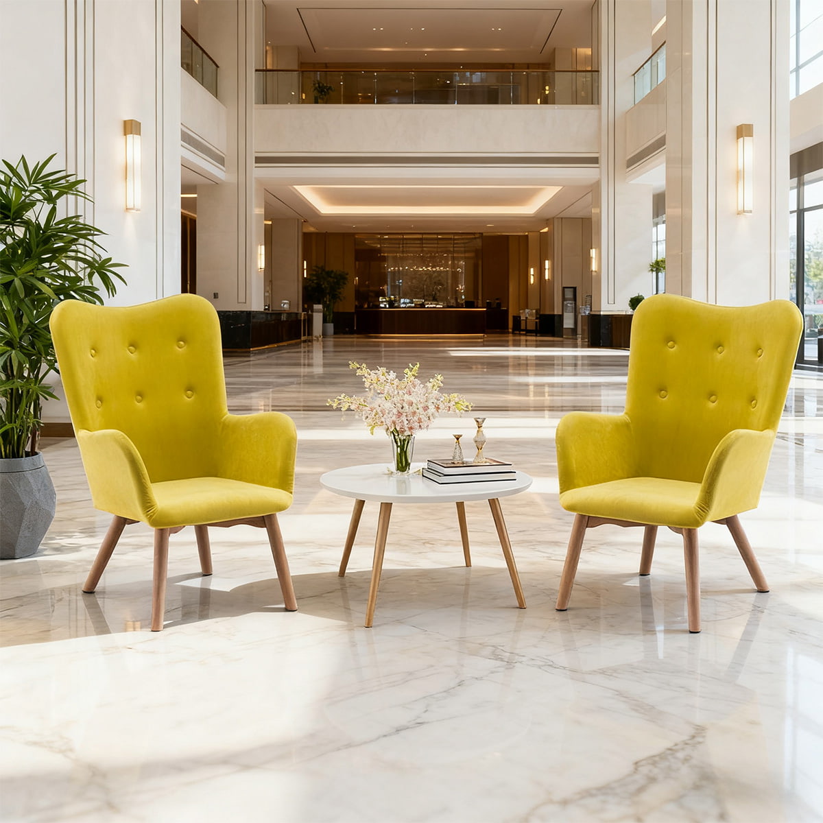 Modern Dilaw na Velvet Accent Armchair - Wingback Tufted Leisure Chair na may mga kahoy na binti at armrests para sa sala, silid -tulugan, o opisina