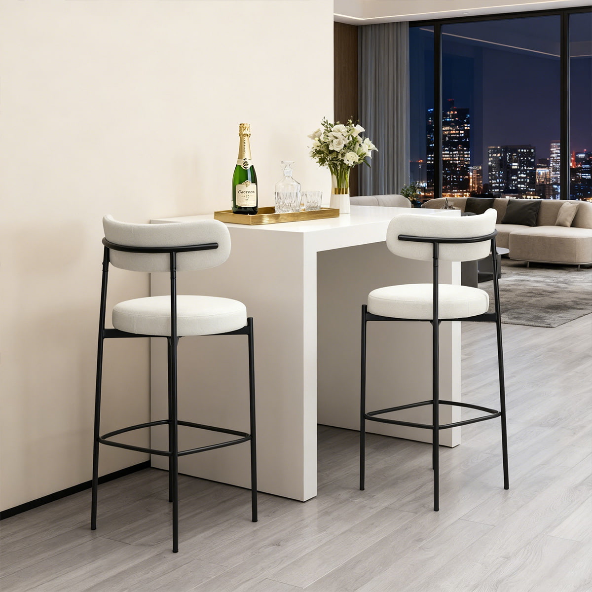 Modern White Bouclé Bar Stool na may Itim na Metal Legs - Upholstered Counter Height Bar Chair na may Backrest at Footrest Para sa Kitchen Island, Dining Room, at Home Bar