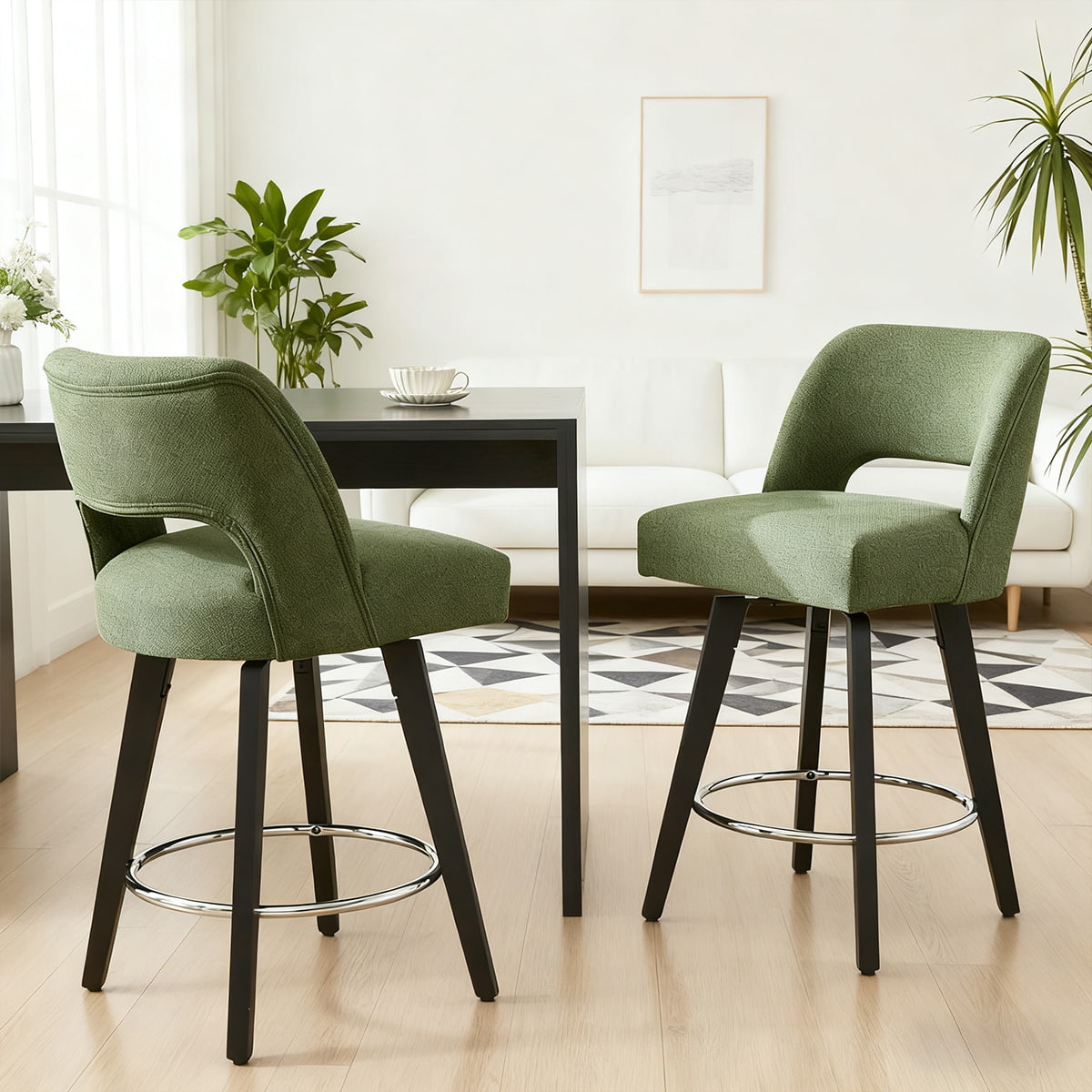 Modernong berdeng swivel counter taas bar stool na may backrest at metal legs