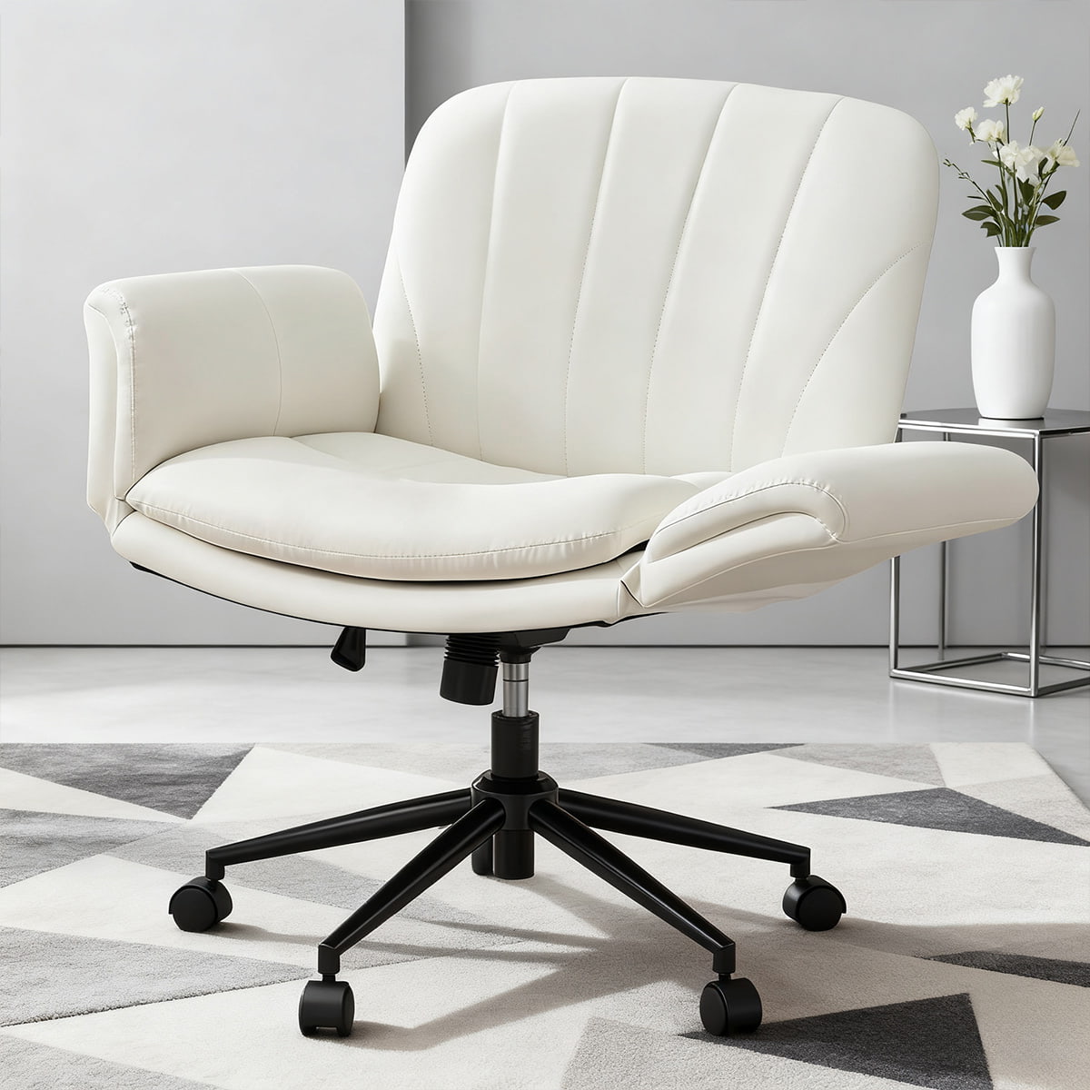 Criss cross adjustable pu leather swivel chair na may 5-gear armrests at gulong