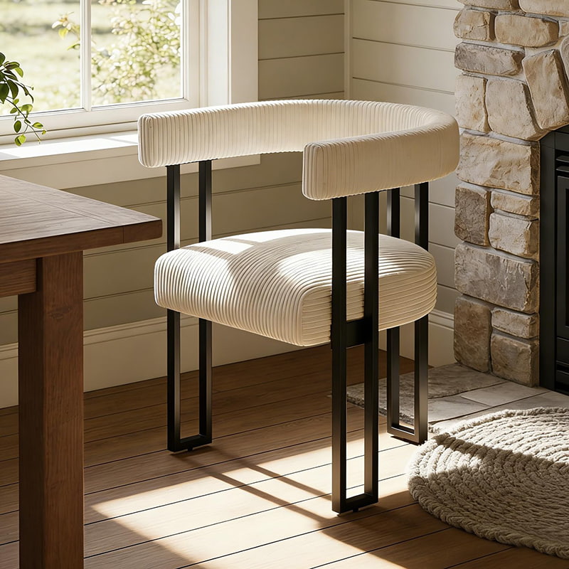 Boucle Dining Chair, White Corduroy Upholstered Dining Room Chair na may Metal Legs, Mid-Century Modern Accent Chair