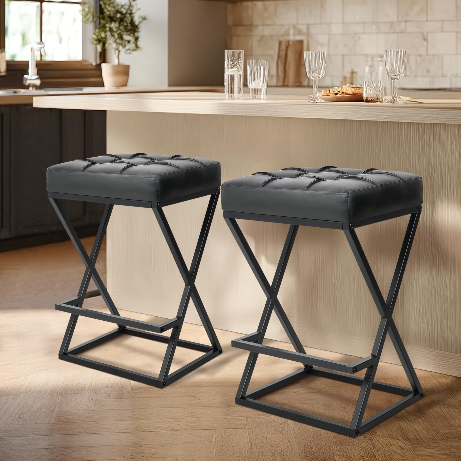 Counter Height Backless Bar Stool na may Upholstered Faux Leather Seat